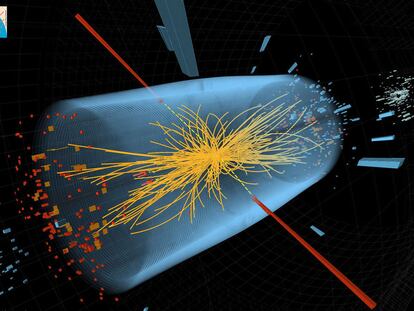 La <i>firma </i>de la partícula de Higgs en una simulación por ordenador del detector CMS, en las colisiones del acelerador LHC.