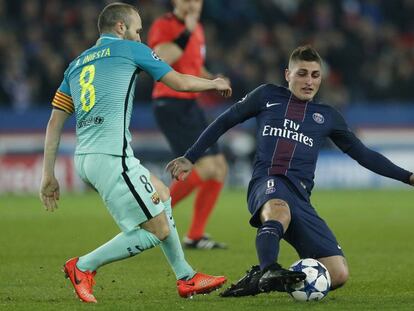 Verratti e Iniesta, en el pasado cruce de Champions.