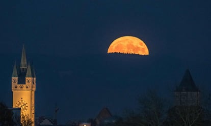 A Superlua se eleva atrás do bosque Bávaro, perto de Straubing (Alemanha).