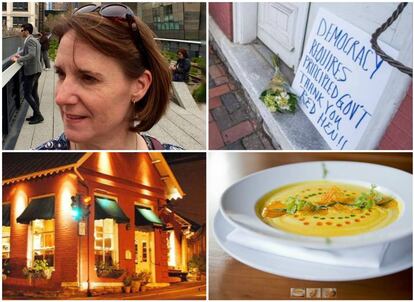 Stephanie Wilkinson, mensaje de agradecimiento al local, fachada del restaurante y uno de sus platos.