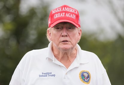 Former US President Donald J. Trump participates in a Pro-Am tournament leading up to the upcoming LIVGolf tournament at Trump National Golf Club Bedminster in Bedminster, New Jersey, USA, 10 August 2023.