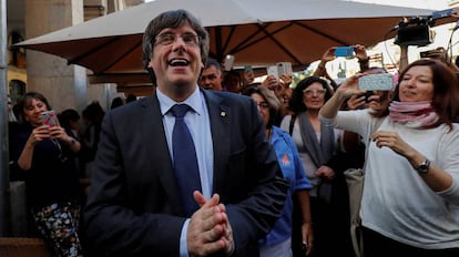 El president destituido, Carles Puigdemont, en Girona, tras declarar la independencia, el pasado 28 de octubre. 