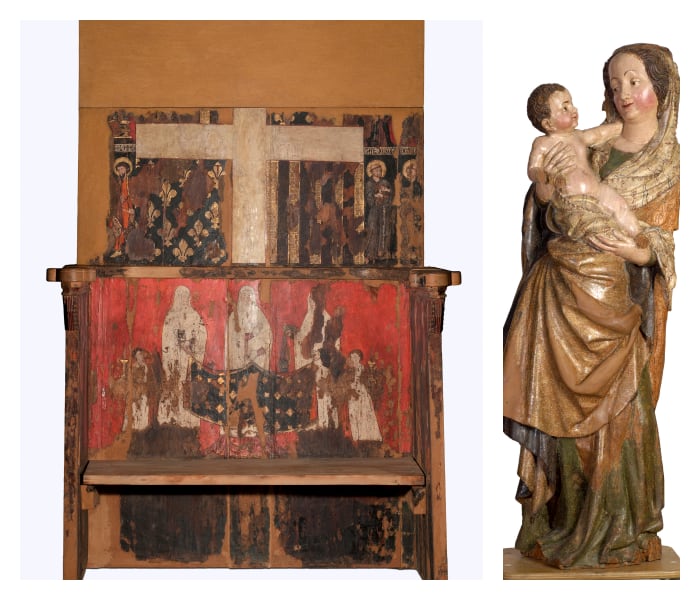 A la izquierda, el Trono prioral de Blanca de Aragón y Anjou, en madera policromada, y a la derecha, la figura ‘Marededéu’, del taller de Alemania meridional, en madera policromada. Cortesía: Museo de Lleida.  

