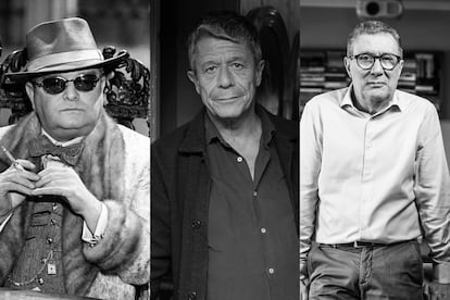 De izquierda a derecha, Truman Capote en 1976, Emmanuel Carrère en 2023 y Luisgé Martín este 2025.