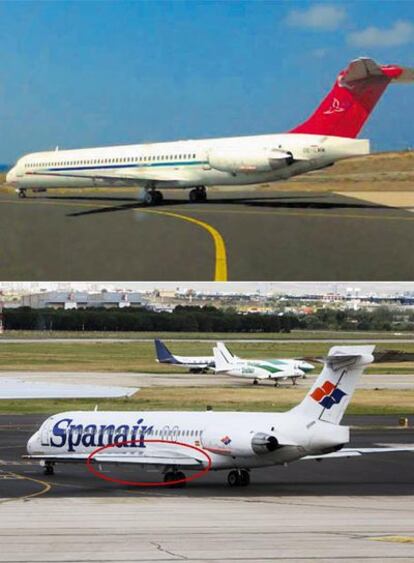 Arriba, el MD-83 de Mapjet antes de despegar de Lanzarote sin <i>flaps</i> el 5 de junio de 2007. Un piloto de otro avión tomó la foto. Abajo, un avión similar con los <i>flaps</i> bien desplegados para el despegue.