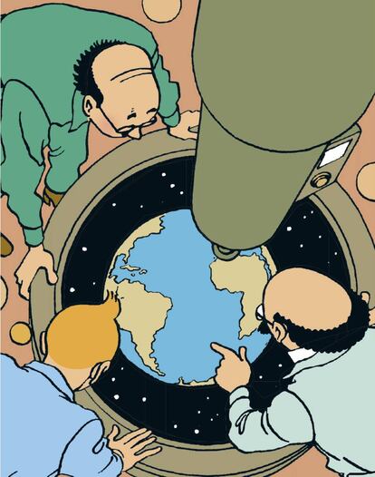 Viñeta de Aterrizaje en la Luna, obra clave de Hergé.