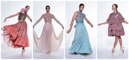 Cuatro de las propuestas de la colección primavera-verano 2023 de Duyos, presentadas este 15 de septiembre en la Mercedes Benz Fashion Week Madrid.