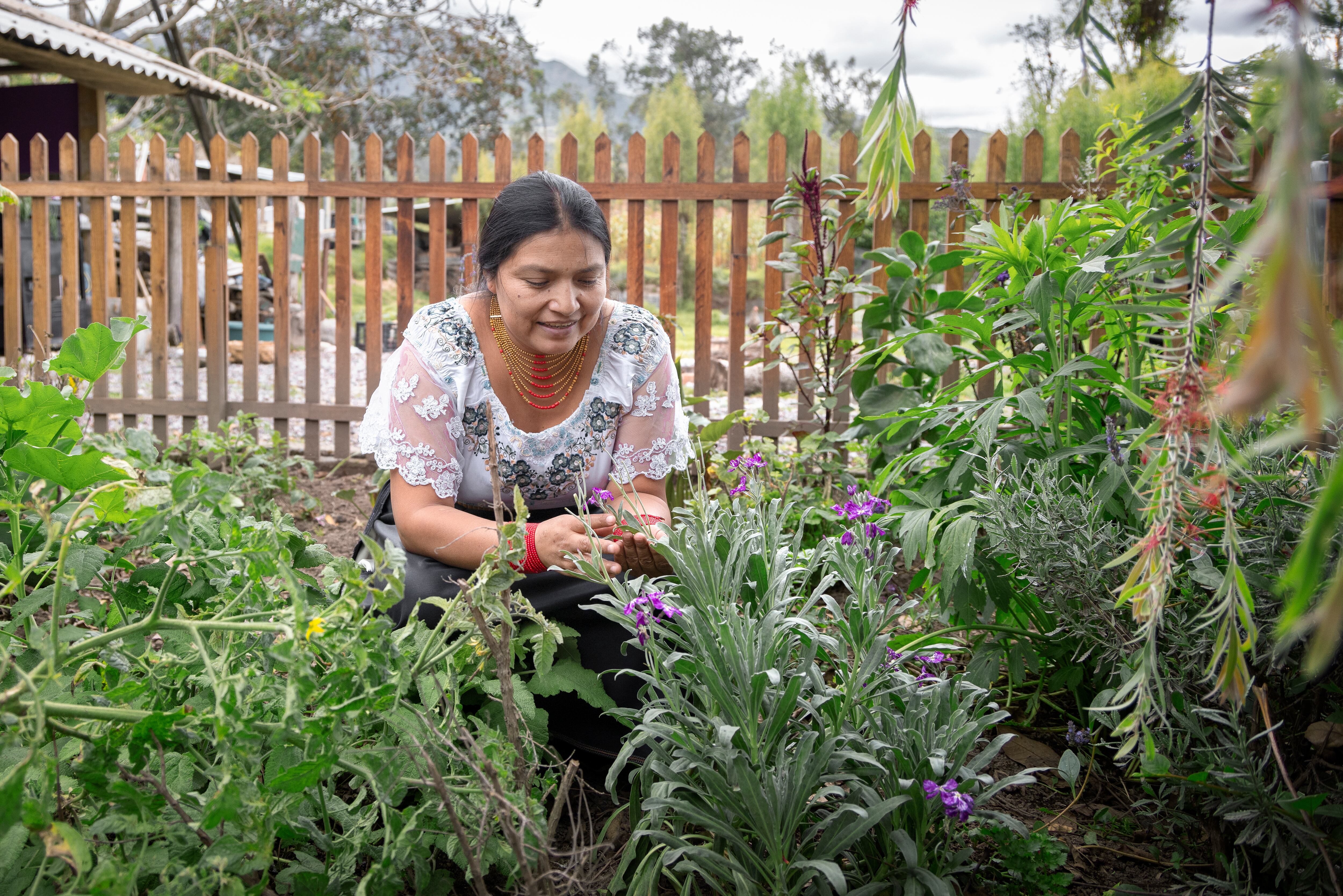 Martha Arotingo en la huerta de Partera di Anaku, que tiene plantas utilizadas para el embarazo, parto y posparto.