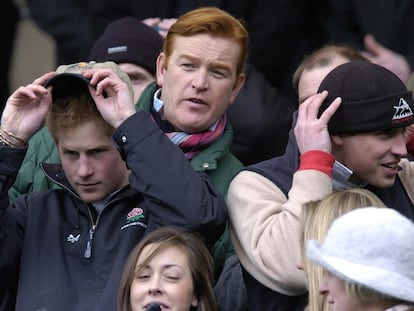 From left to right: Prince Harry, Mark Dyer and Prince William at a rugby match in 2005.