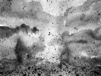 Ilustración de diseño de cielo blanco negro splash acuarela paisaje dibujado a mano.