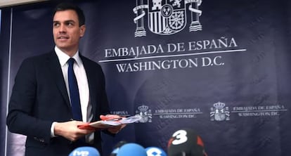 Socialist leader Pedro Sánchez at the Spanish embassy in Washington.