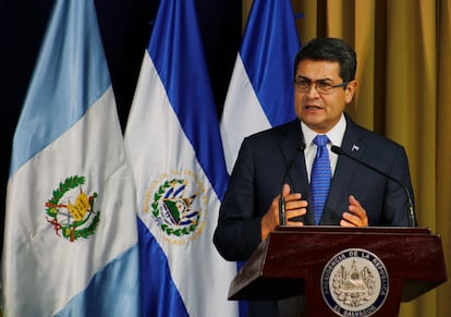Juan Orlando Hernández, Presidente de Honduras, durante un discurso en San Salvador.