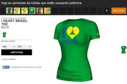 Captura de pantalla del sitio web de Adidas donde se ve una de las camisetas que Adidas diseñó con motivo del Mundial de Fútbol 2014 en Brasil y que ese país anunció este 25 de febrero, que exigirá retirar del mercado por incluir connotaciones sexuales.