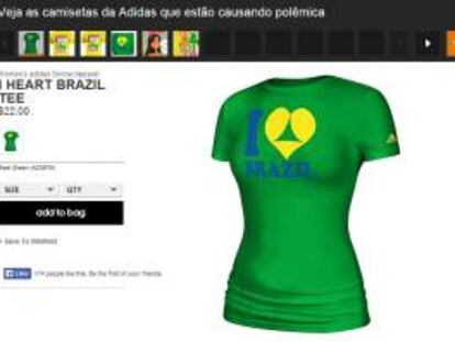 Captura de pantalla del sitio web de Adidas donde se ve una de las camisetas que Adidas diseñó con motivo del Mundial de Fútbol 2014 en Brasil y que ese país anunció este 25 de febrero, que exigirá retirar del mercado por incluir connotaciones sexuales.