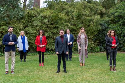 El presidente del Gover, Pere Aragonès, junto a sus consejeros este sábado.