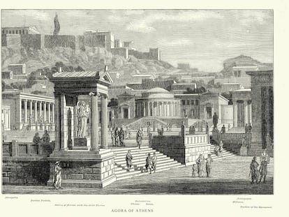 Ilustración de la antigua Ágora de Atenas, en el noroeste de la Acrópolis.