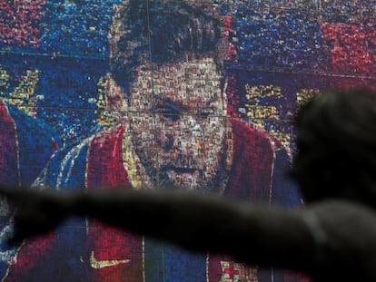 Retrato de Messi en la tienda oficial del Barcelona el pasado viernes.