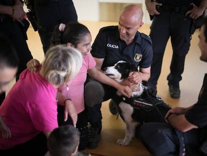 Mai, una perra policía, participa en un taller de los Mossos con niños con parálisis cerebral.