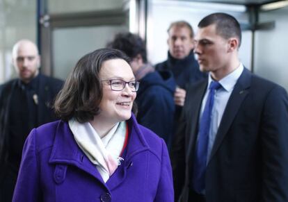 Andrea Nahles do SPD, domingo após a divulgação do resultado das bases à Grande Coalizão.