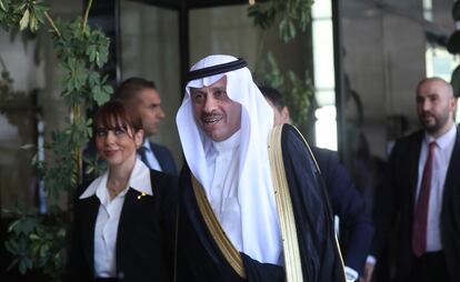 Saudi Ambassador Naif Al-Sudairi arrives to meet with Palestinian Foreign Minister Riyad Al-Malki in the West Bank City of Ramallah, 26 September 2023.