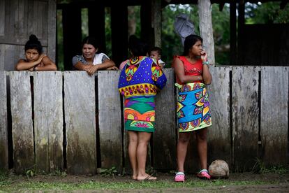 El proyecto se apoya en la comunidad La Marea, una aldea situada en una zona de difícil acceso en la selvática provincia de Darién, a la que solo se llega tras surcar dos horas un río. En la imagen, un grupo de mujeres de La Marea conversa durante la instalación de los nidos artificiales, el 15 de agosto de 2022. 