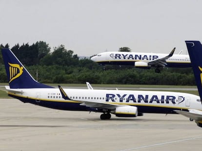 Ryanair planes at London Stansted Airport.