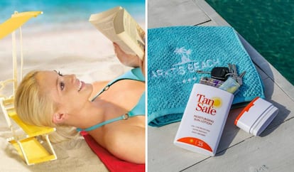 Reposacabezas con techo solar y protector de móvil que simula un bote de crema de sol.