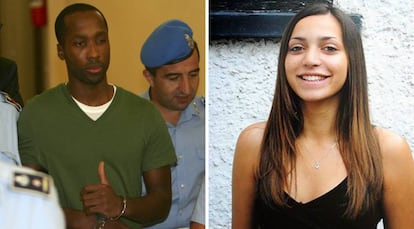 A la izquierda, Rudy Guede, acusado del asesinato de Meredith Kercher, en un juicio celebrado en Perugia en 2008. Es el único encarcelado por el caso. A la derecha, una fotografía de Meredith Kercher, la chica asesinada.