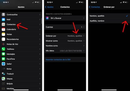 Ordenar contactos del iPhone.