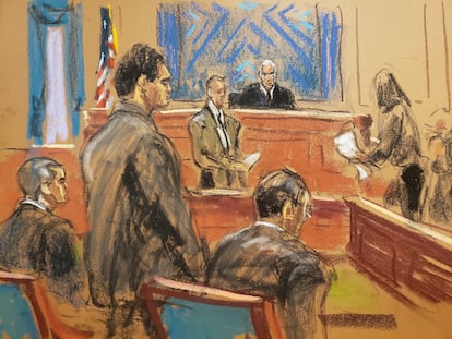 FTX founder Sam Bankman-Fried stands as the jury foreperson reads the verdict in his fraud trial in New York City, November 2, 2023, in this courtroom sketch.