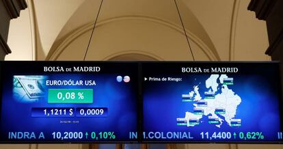 Panel de cotizaciones y cambio de divisas en la Bolsa de Madrid.