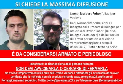 An Italian police notice warning that Norbert Feher is considered "armed and dangerous"