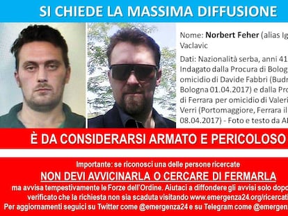An Italian police notice warning that Norbert Feher is considered "armed and dangerous"