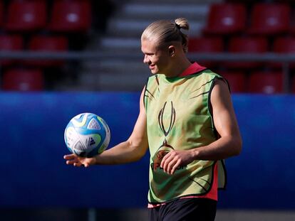 Haaland, en el entrenamiento oficial previo con el City de la Supercopa de Europa.