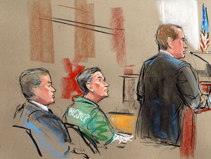 In this artist depiction, U.S. Attorney Randy Bellows, right, addresses the court during the sentencing of convicted spy Robert Hanssen, center, seen with his attorney Plato Cacheris, left, at the federal courthouse in Alexandria, Va., May 10, 2002. Hanssen was given a life sentence.