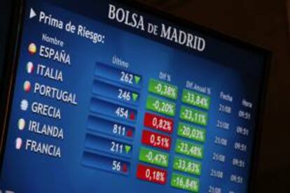 Panel informativo de la Bolsa de Madrid que muestra los valores de la prima de riesgo en varios países de la zona euro. EFE/Archivo