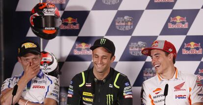 Rabat, Zarco y Márquez, en la conferencia de prensa en Jerez.