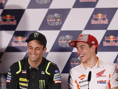 Rabat, Zarco y Márquez, en la conferencia de prensa en Jerez.