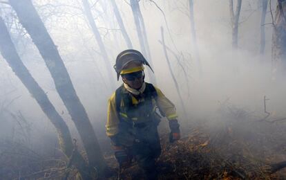 Un bombero camina por una zona controlada en las inmediaciones de A Capela, localidad coruñesa donde se inició el fuego en la tarde del sábado