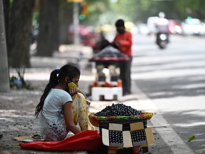 Una niña vende ciruelas en un puesto de carretera en Nueva Delhi, el pasado 30 de junio de 2021.