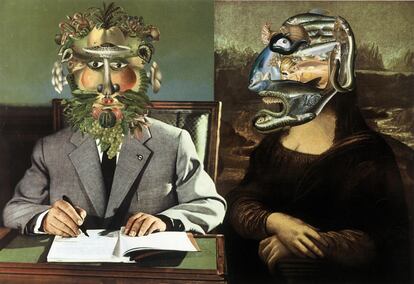 Una de las constantes en el imaginario de Svankmajer es la comida. En este <i>collage</i> de 1978, <i>Vortumno y Mona Lisa</i>, el cineasta checo rinde su particular homenaje a la obra del pintor italiano del siglo XVI Arcimboldo, que humanizó las estaciones del año a través de figuras compuestas de vegetales. "Sé un completo sumiso de tus obsesiones", dice Svankmajer en el libro. "Tus obsesiones son, con mucho, lo mejor que posees". El sueño, el inconsciente o la revuelta son, además de la comida, otros de los temas recurrentes del animador.