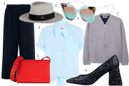 1. Theory Pantalón cropped fluido 2. Maison Michele Sombrero con cinta negra 3. Fendi Gafas de sol estampadas 4. MM6 Martin Margiela Camisa de manga corta con lazada en la espalda 5. Victoria Beckham Bolso Bandolera 6. Serena Whitehaven para Teresa Helbig Zapatos glitter 7. Mango Chaqueta bomber gris.