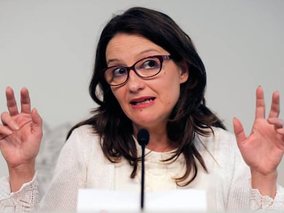 La vicepresidenta del Gobierno valenciano, Mónica Oltra, durante la rueda de prensa posterior al Pleno del Consell. 