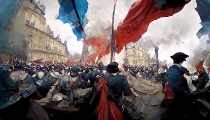 AI-Generated image, created by MidJourney, representing the French Revolution through a GoPro camera.