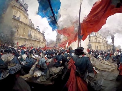Imagen generada por MidJourney de la Revolución Francesa vista a través de una cámara GoPro.