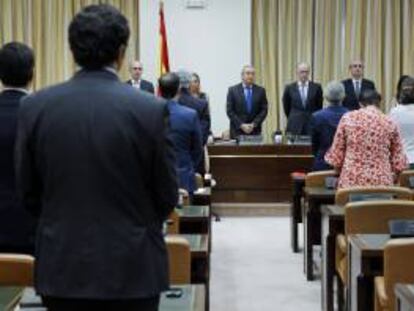 Minuto de silencio de la Comisión de Fomento del Congreso en recuerdo de las víctimas del accidente del tren Alvia ocurrido el pasado 24 de agosto en Sntiago de Compostela.