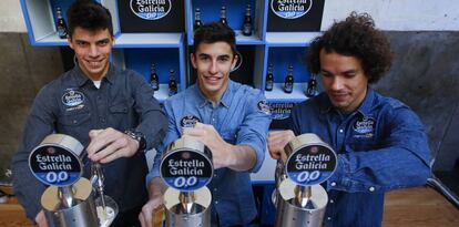 Los pilotos de motociclismo Joan Mir, Marc Márquez, y Franco Morbidelli.