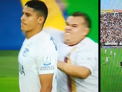 Un hincha agrede a Daniel Cataño, durante el  partido entre Tolima y Millonarios.