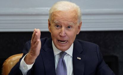 FILE PHOTO: U.S. President Joe Biden speaks as he participates in the virtual CEO Summit on Semiconductor and Supply Chain Resilience from the Roosevelt Room at the White House in Washington, U.S., April 12, 2021. REUTERS/Kevin Lamarque/File Photo