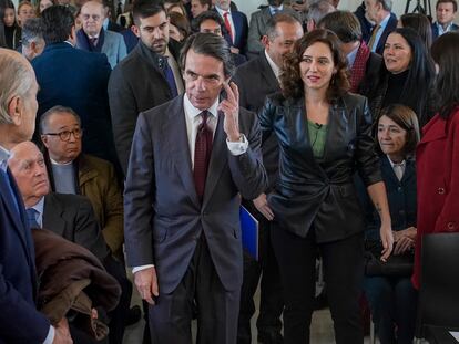 La presidenta de la Comunidad de Madrid, Isabel Díaz Ayuso, y el expresidente, José María Aznar participan en el I Diálogo Atlántico por la Democracia, que organiza el Atlántico Instituto de Estudios.